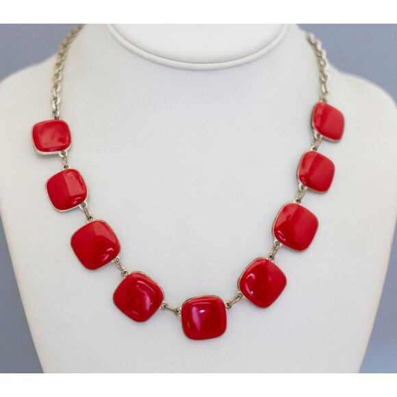 18 inch, Vintage Red Square Beads Art Deco Bib Necklace | CC1 - Picture 2 of 3